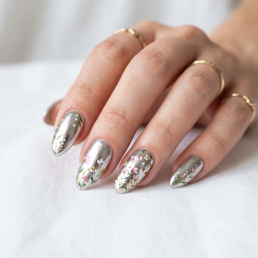 Chrome Nails: 27 Stunning Ideas to Inspire Your Next Manicure 20 Chrome Nails with Flowers