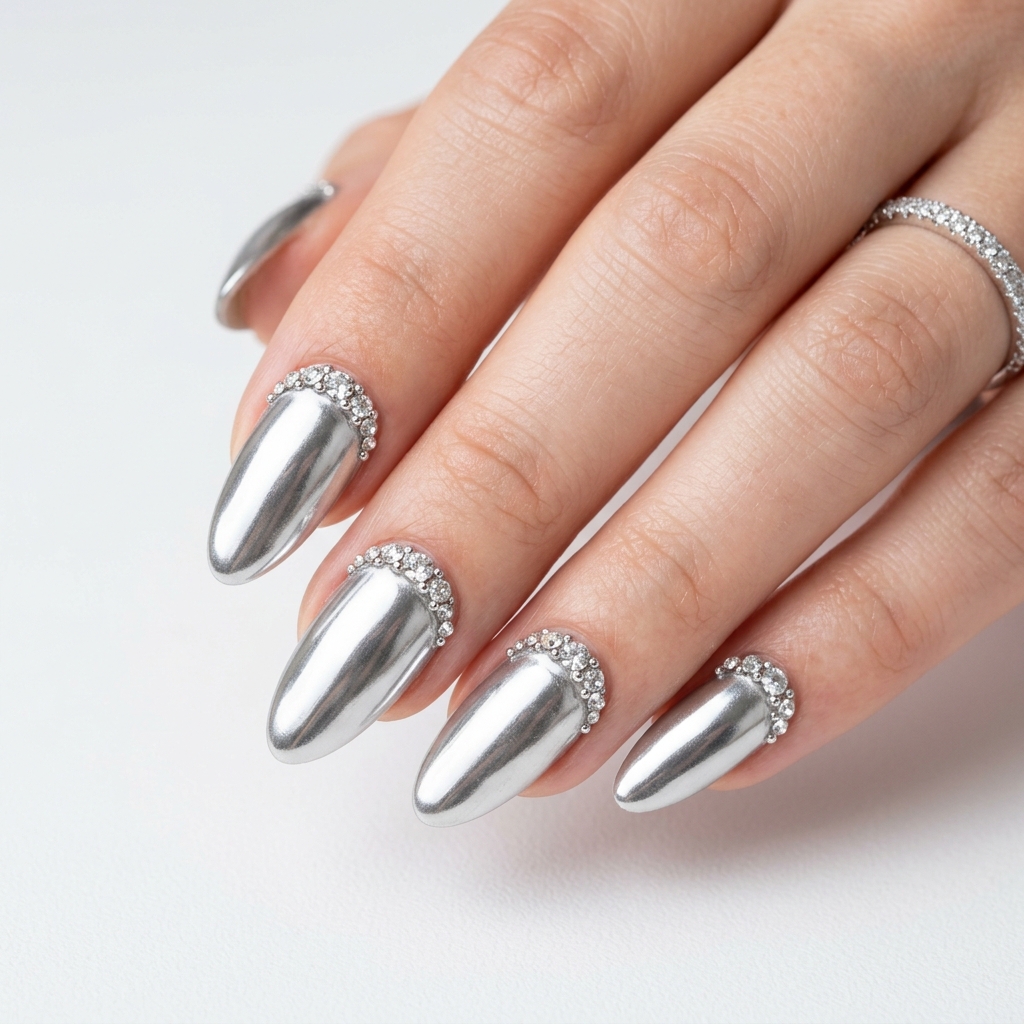Chrome Nails: 27 Stunning Ideas to Inspire Your Next Manicure 21 Chrome Nails with Gems