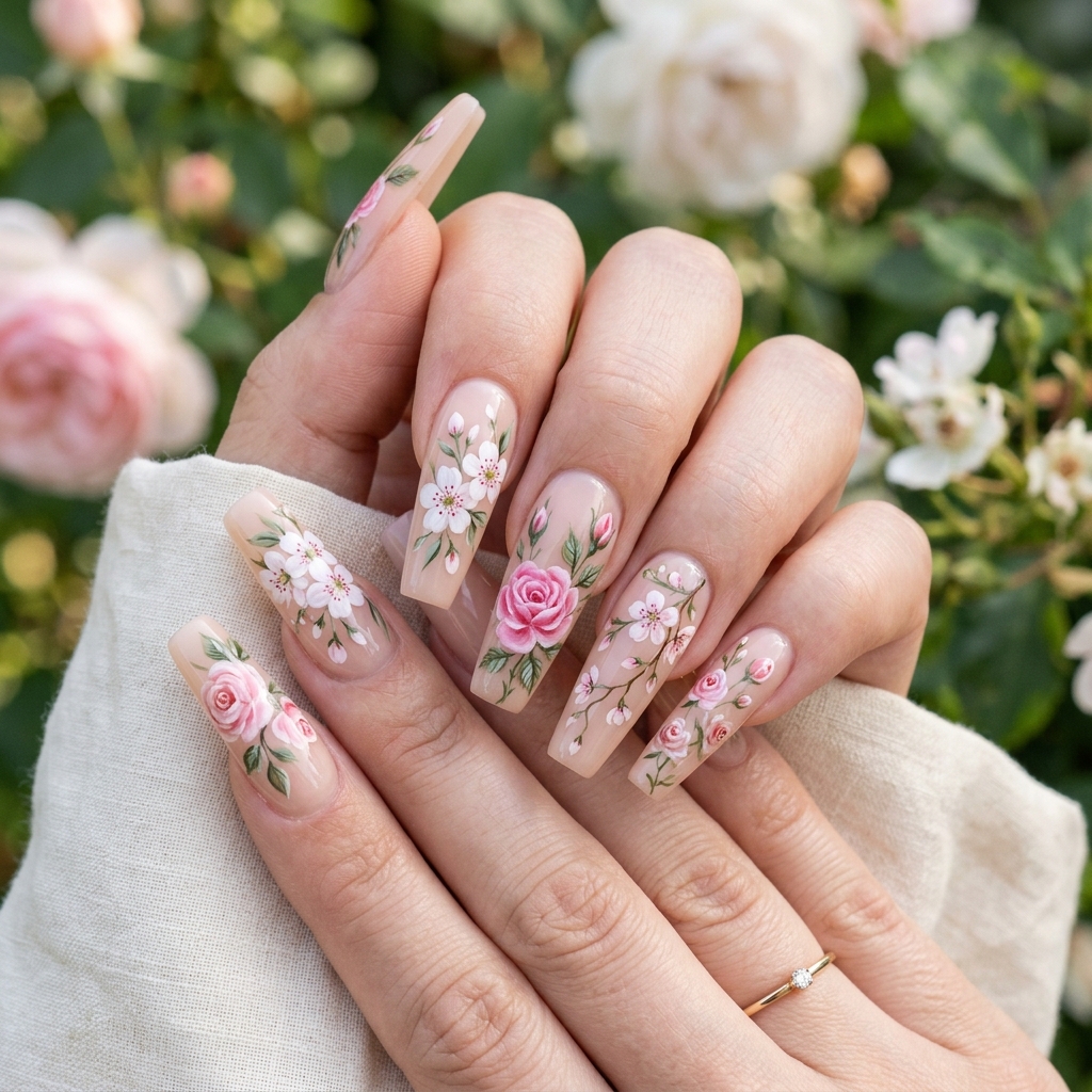 Coffin Nails Ideas: 27 Stunning Designs to Inspire Your Next Look 14 Floral Coffin Nails Ideas