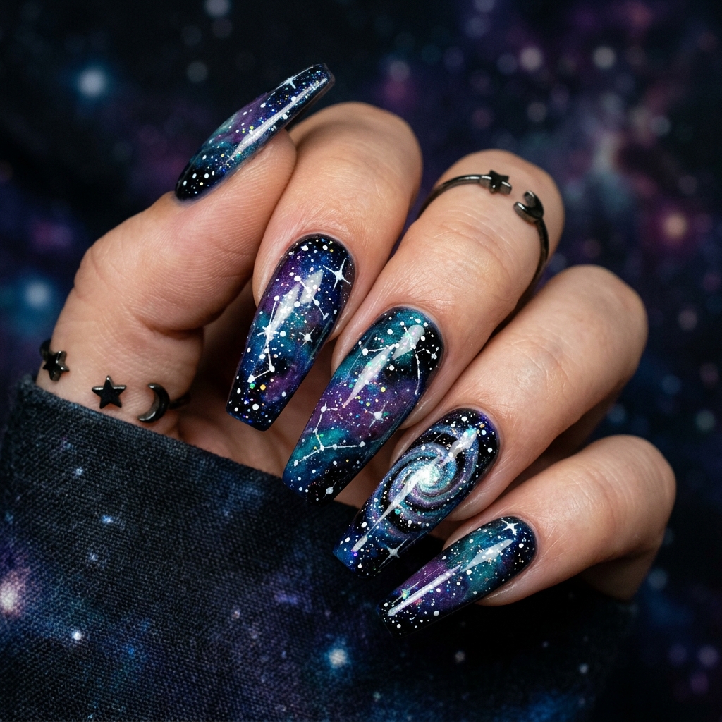 Coffin Nails Ideas: 27 Stunning Designs to Inspire Your Next Look 21 Galaxy Coffin Nails Ideas