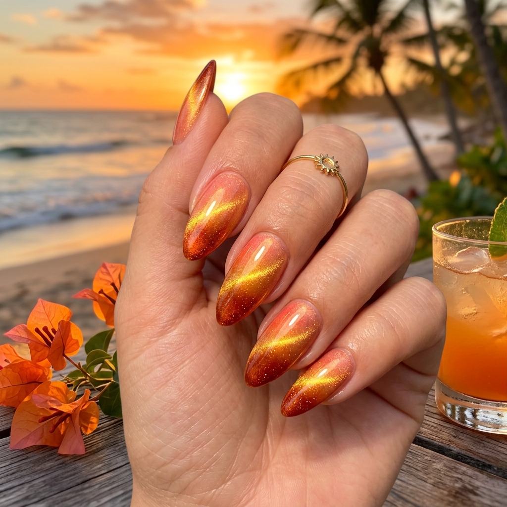 Cat Eye Nails Ideas: Your Ultimate Guide to Magnetic Nail Art 20 Sunset cat eye nails ombre 202605041904