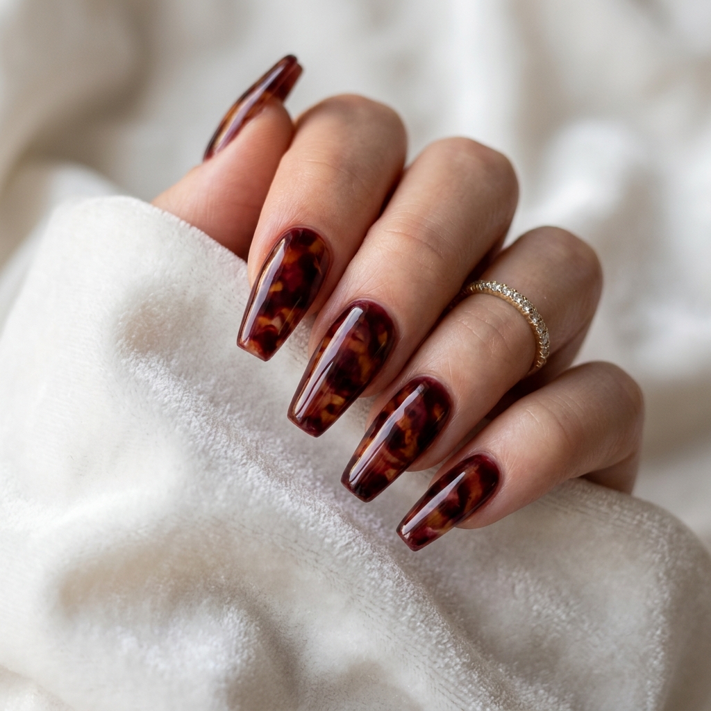 27 Beautiful Tortoise Shell Nails Ideas to Inspire Your Next Manicure 15 Burgundy Tortoise Shell Nails Ideas 202605181719