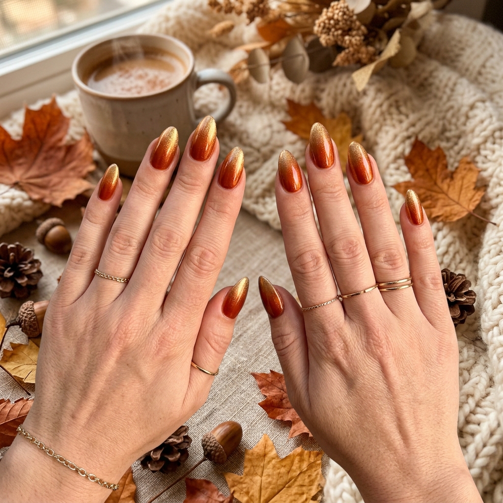 30 Fall Ombre Nails Ideas That Are Simply Stunning 2 Burnt Orange and Gold Fall Ombre Nails