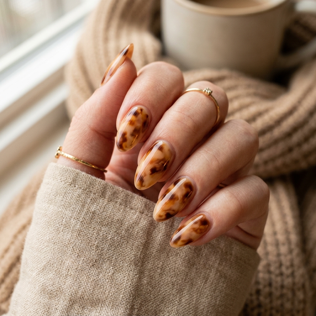 27 Beautiful Tortoise Shell Nails Ideas to Inspire Your Next Manicure 25 Caramel Tortoise Shell Nails 202605181726