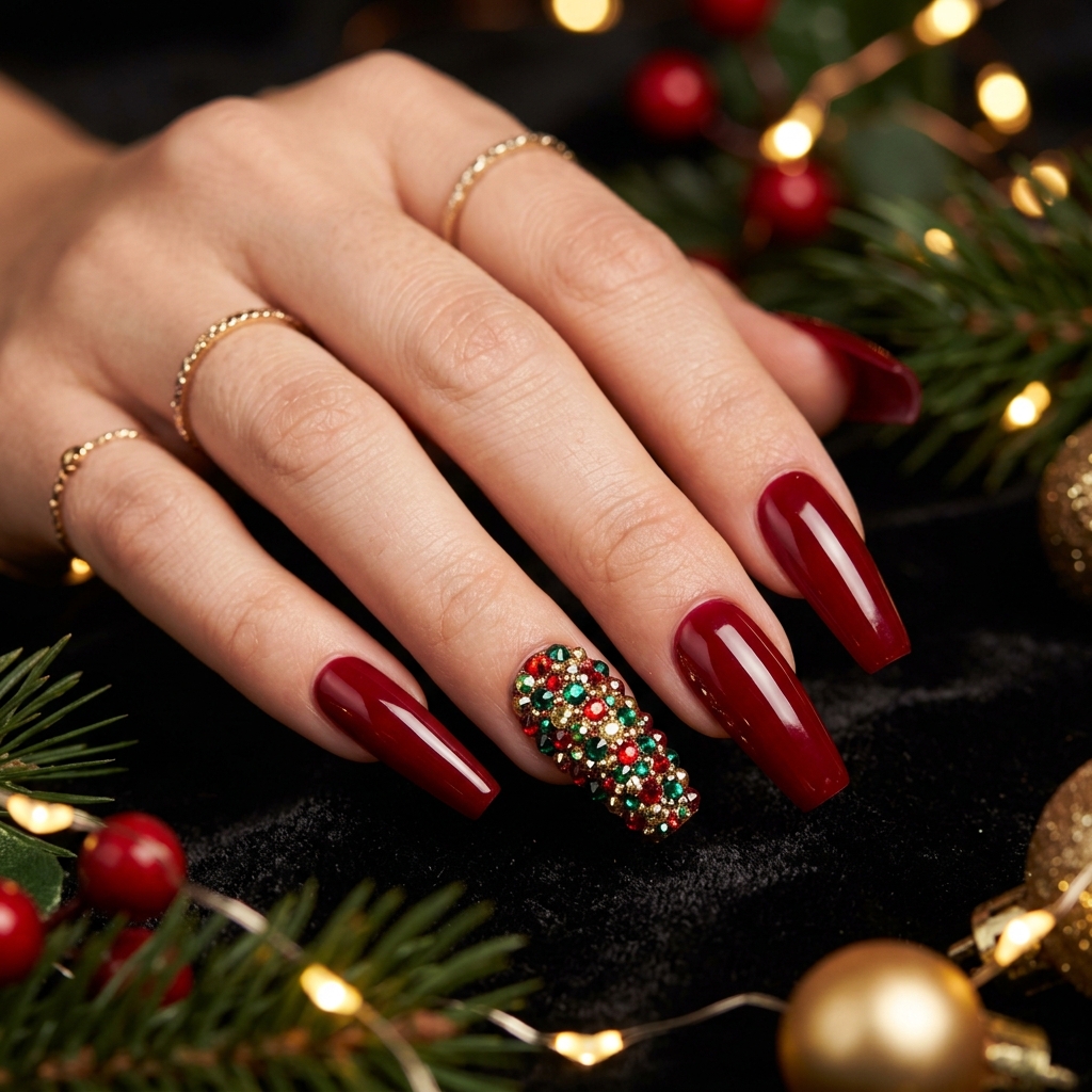 Christmas Nail Ideas with Rhinestones