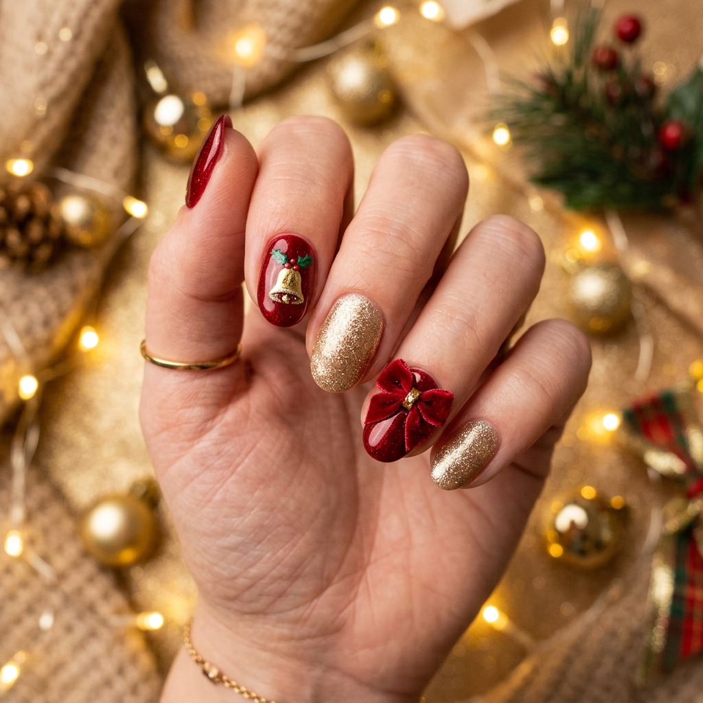Christmas Nail Ideas with Bells and Bows