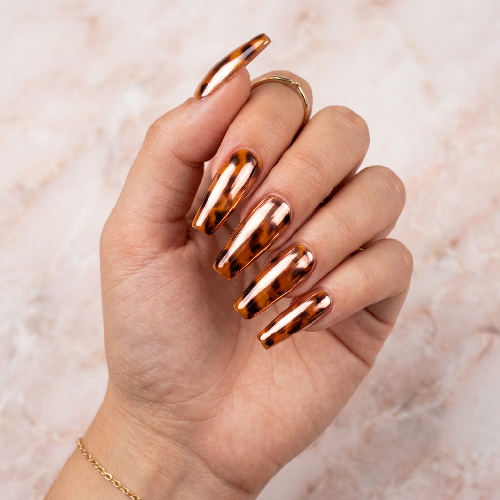 27 Beautiful Tortoise Shell Nails Ideas to Inspire Your Next Manicure 21 Chrome tortoise shell nails 202605181725