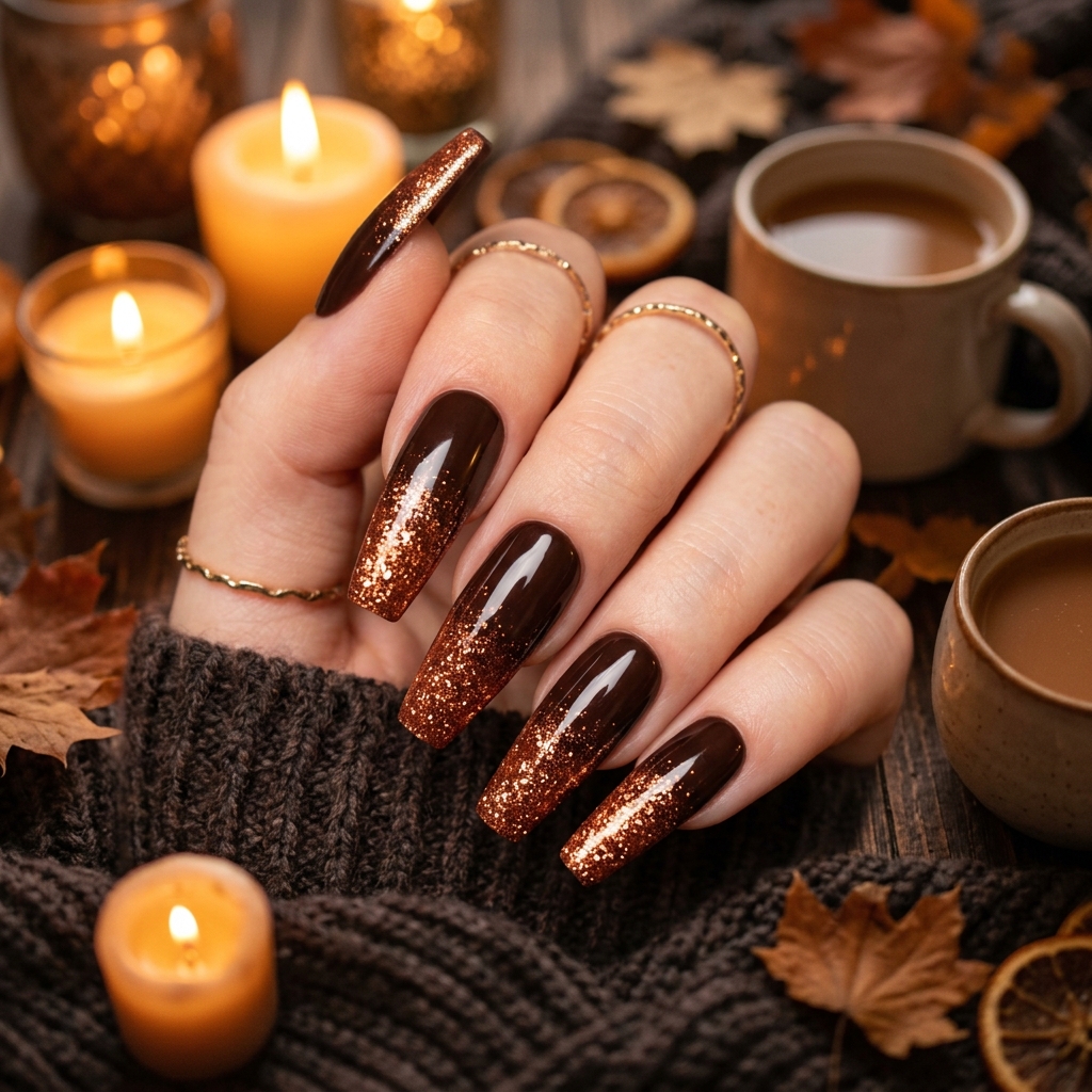 30 Fall Ombre Nails Ideas That Are Simply Stunning 31 Dark Chocolate and Copper Glitter Ombre Nails