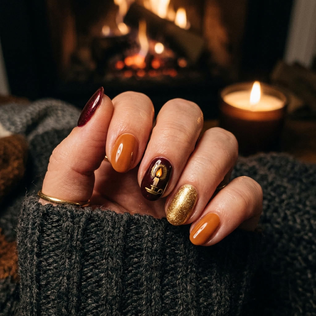 Cozy Fireplace and Candle Nail Ideas