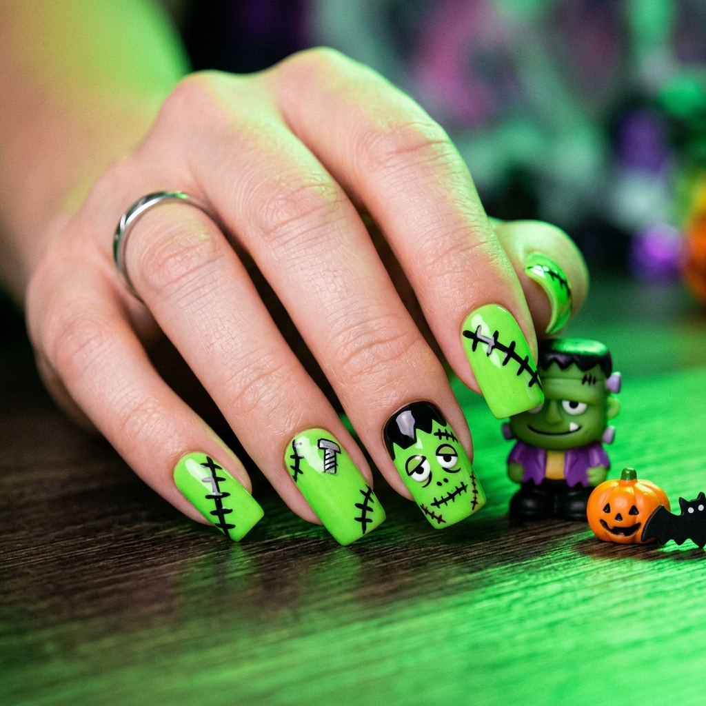 Spooky Nails Ideas: 27 Creepy and Creative Designs to Try This Season 24 Spooky Frankenstein Nail Designs