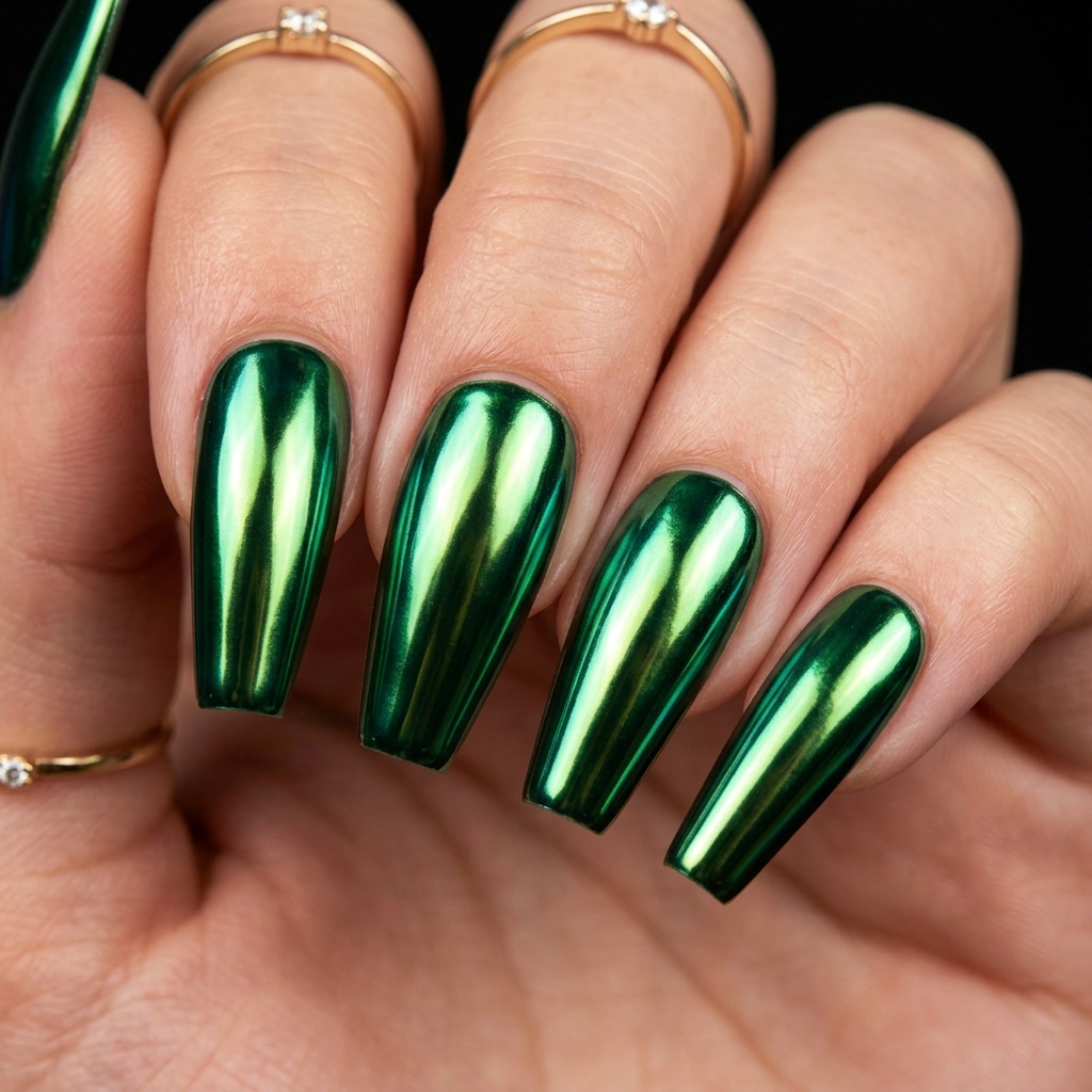 27 Stunning Green Nail Designs Ideas to Inspire Your Next Manicure 15 Green chrome coffin nails 202605122208