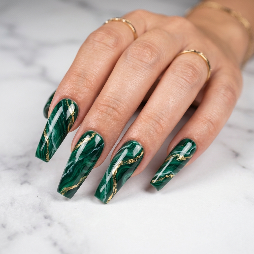 27 Stunning Green Nail Designs Ideas to Inspire Your Next Manicure 13 Green marble coffin nails 202605122207