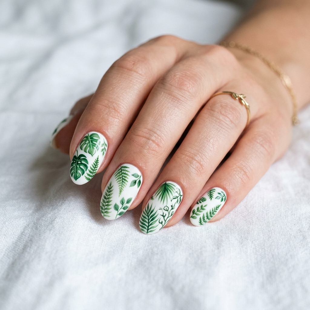 27 Stunning Green Nail Designs Ideas to Inspire Your Next Manicure 12 Green nail designs tropical leaves 202605122207