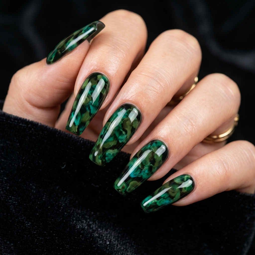 27 Stunning Green Nail Designs Ideas to Inspire Your Next Manicure 23 Green tortoiseshell coffin nails 202605122212