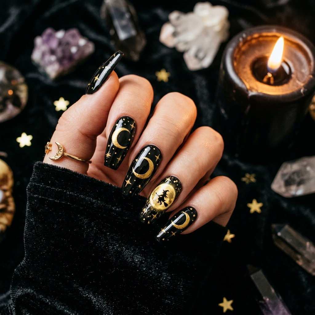 Halloween Moon and Stars Nail Ideas
