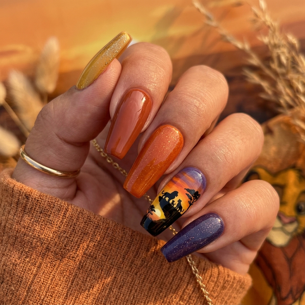 Disney Nails Ideas: 27 Magical Designs to Inspire Your Next Manicure 16 The Lion King Nail Art Ideas