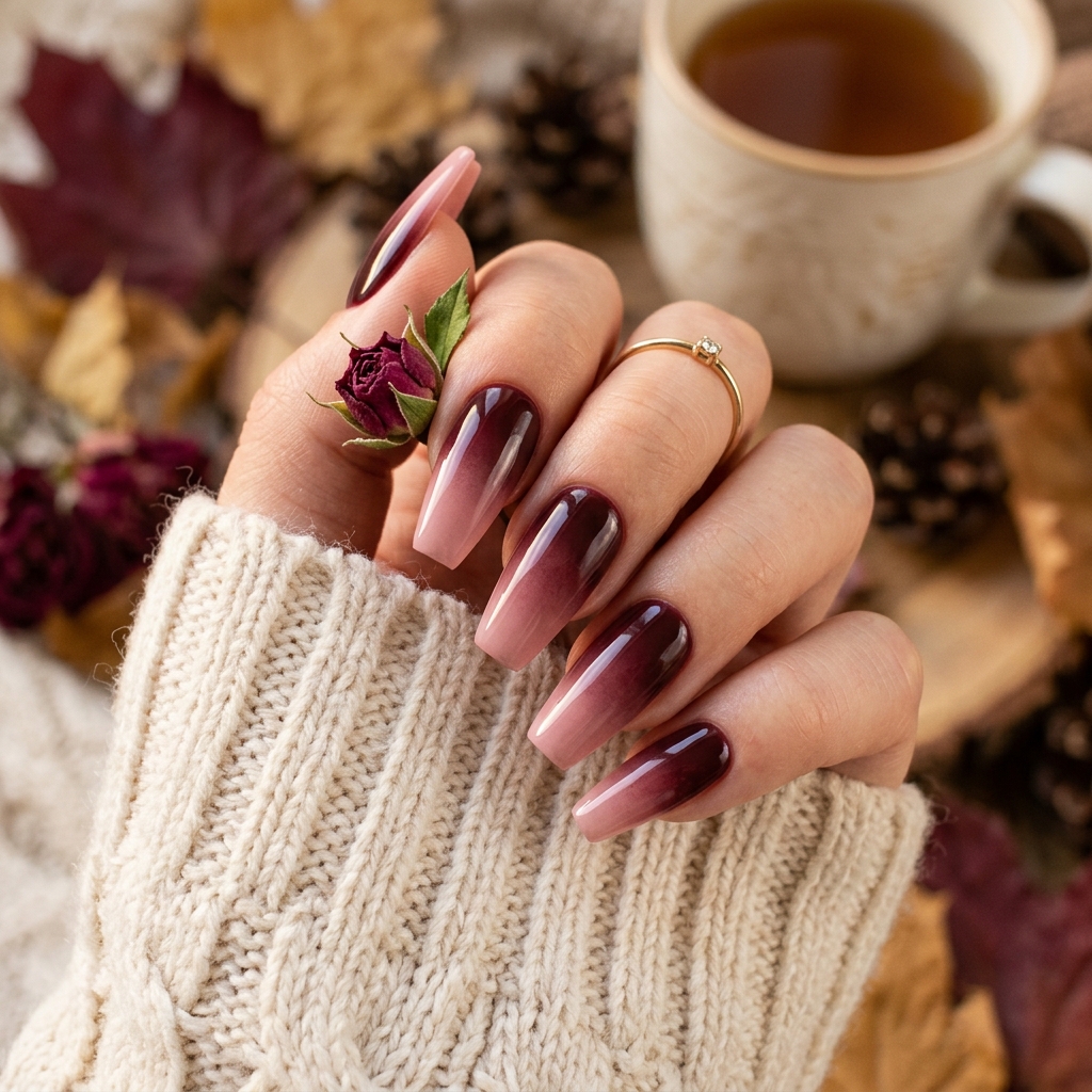 30 Fall Ombre Nails Ideas That Are Simply Stunning 28 Deep Maroon and Blush Pink Fall Ombre Nails