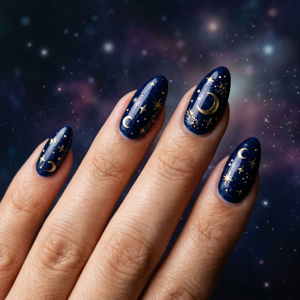 27 Stunning New Year Nails Ideas to Ring in the New Year in Style 15 Midnight Blue Celestial Nails Ideas
