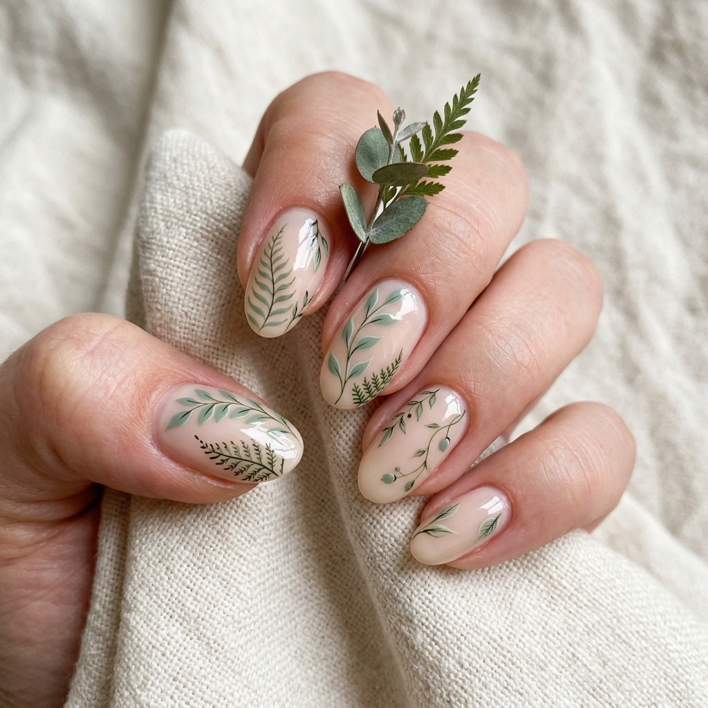 Spring Nail Designs: 27 Fresh and Beautiful Ideas for Your Next Manicure 10 Spring Nail Designs with Green Leaf Details Ideas