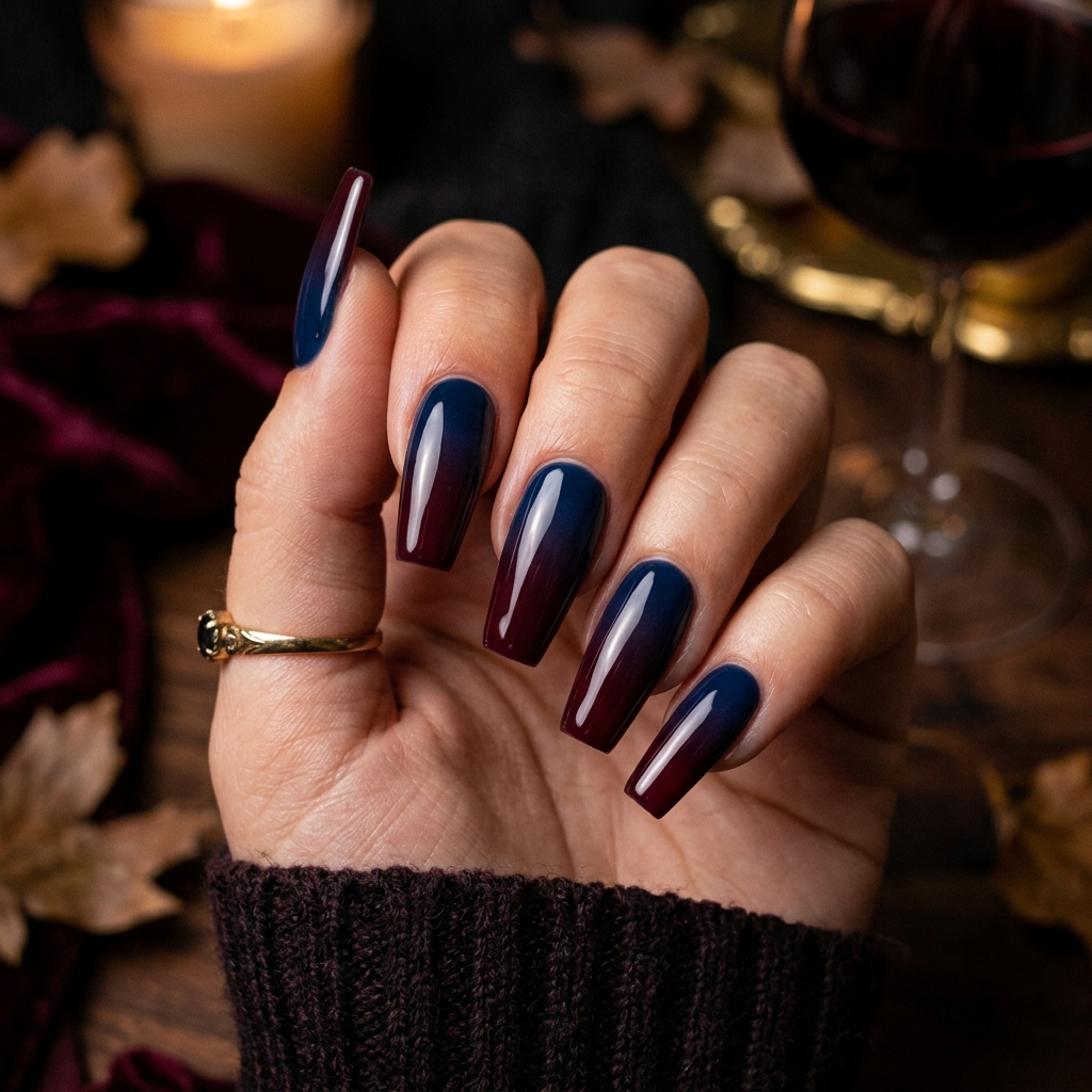 30 Fall Ombre Nails Ideas That Are Simply Stunning 15 Navy Blue and Burgundy Ombre Nails