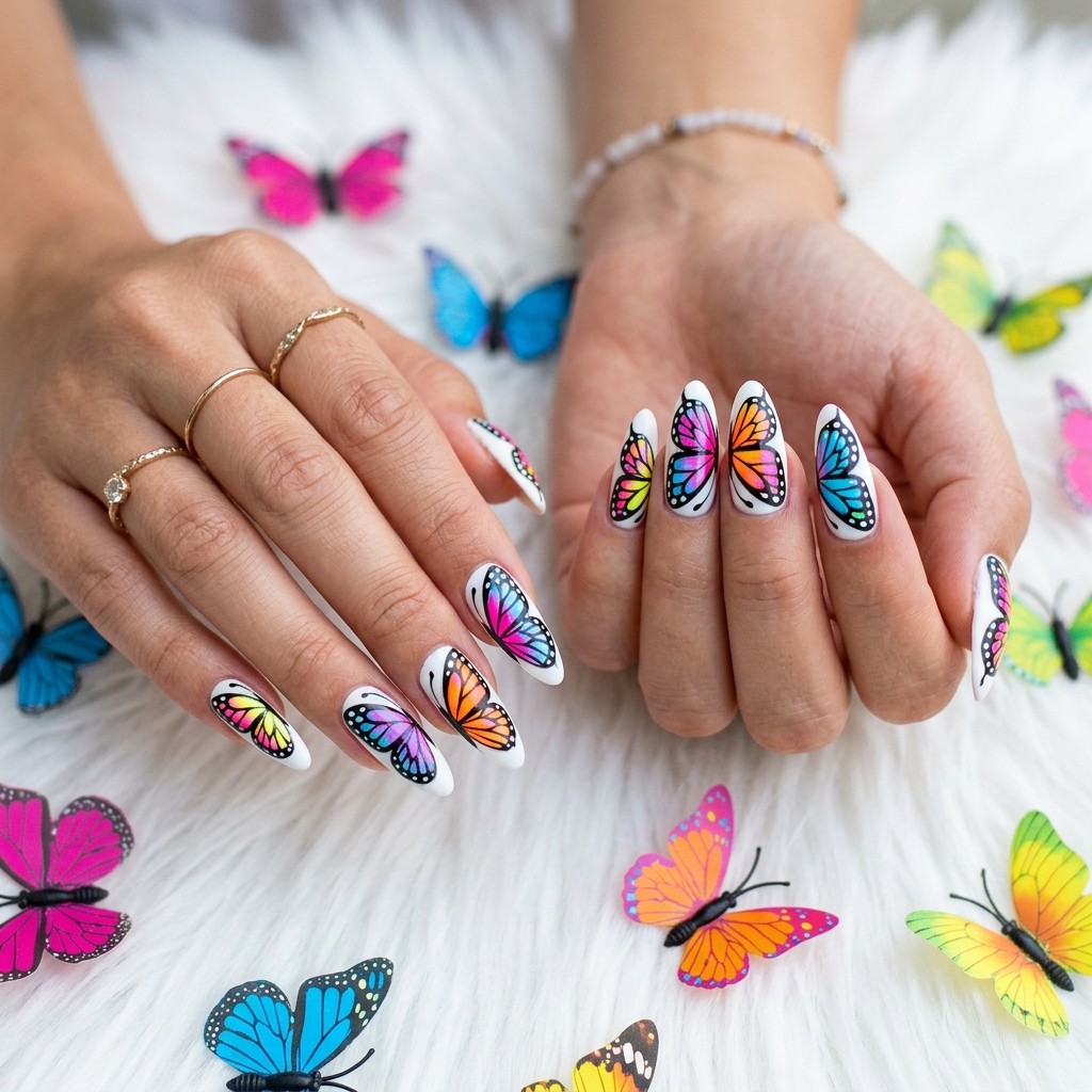 30 neon nail designs: How to Balance Bold Nail Colors Like a Pro 23 Butterfly Neon Nail Designs