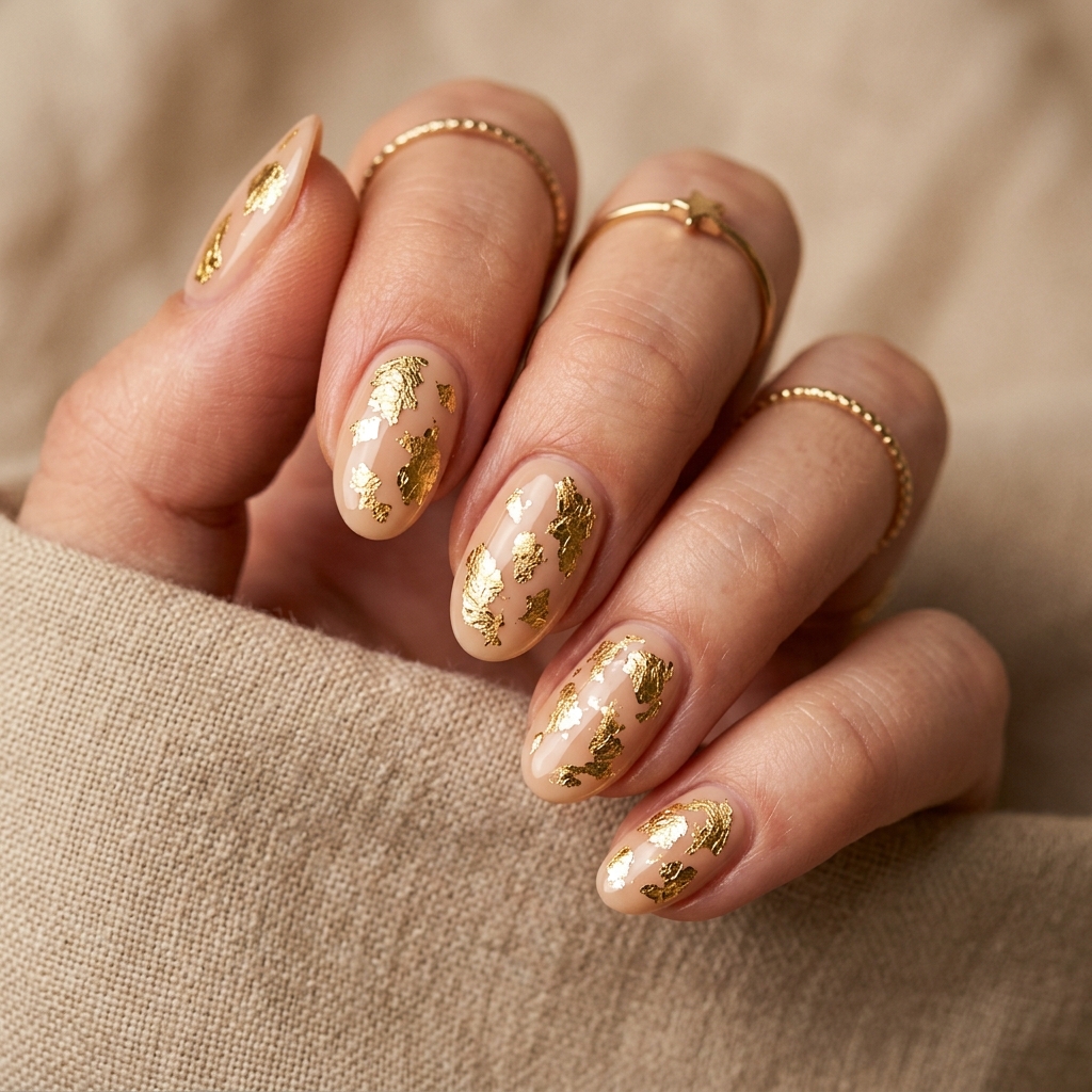 27 Stunning New Year Nails Ideas to Ring in the New Year in Style 10 Nude and Gold Foil New Year Nails Ideas