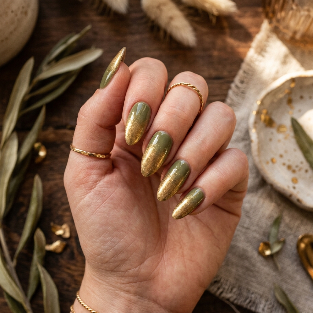 30 Fall Ombre Nails Ideas That Are Simply Stunning 12 Olive Green and Gold Fall Ombre Nails