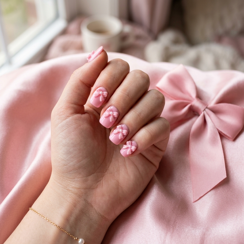 27 Pink Nail Designs Ideas: Stunning Looks to Inspire Your Next Manicure 21 Pink Bow Nail Designs