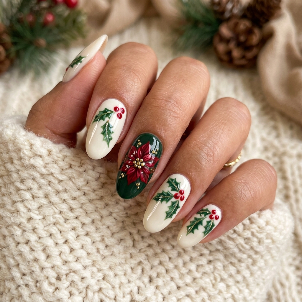 Poinsettia and Holly Nail Ideas