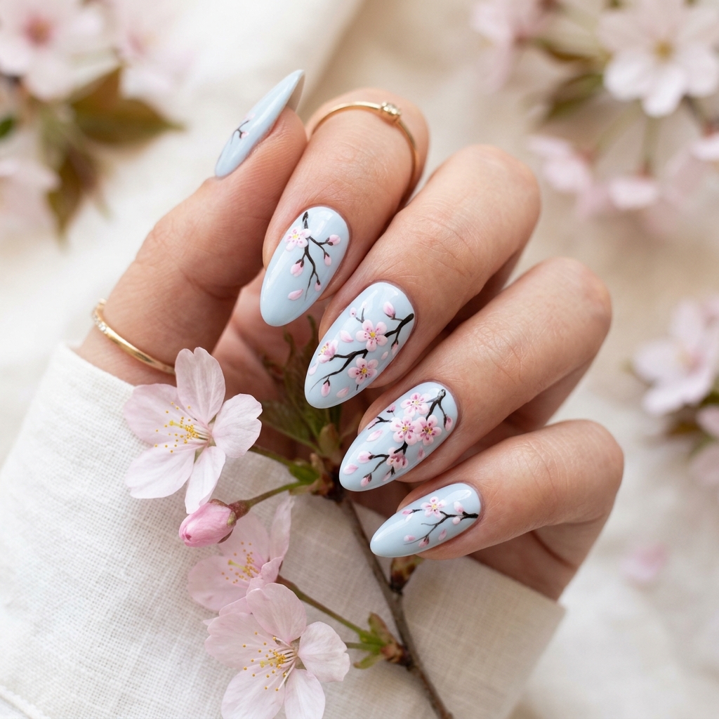 Spring Nail Designs: 27 Fresh and Beautiful Ideas for Your Next Manicure 14 Spring Nail Designs with Cherry Blossom Motifs Ideas