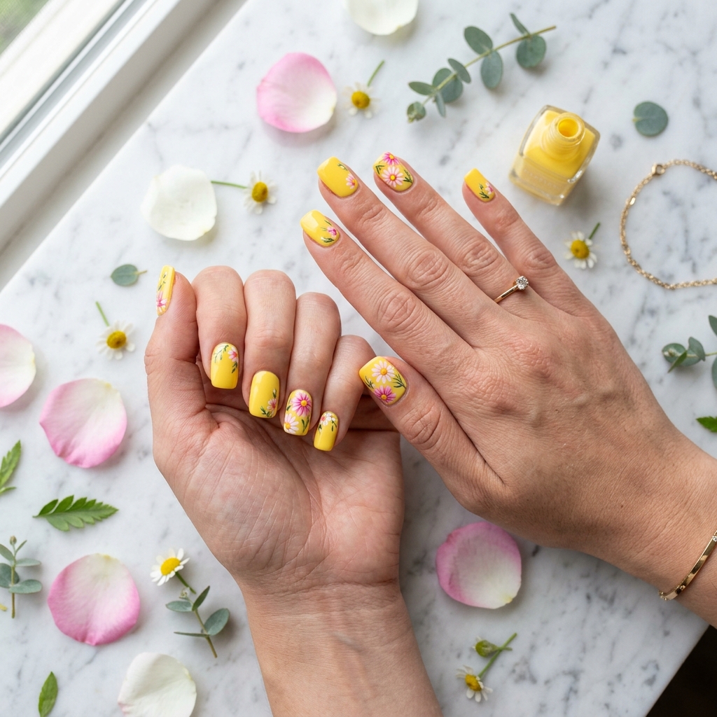 Sunny Floral Yellow Nail Designs