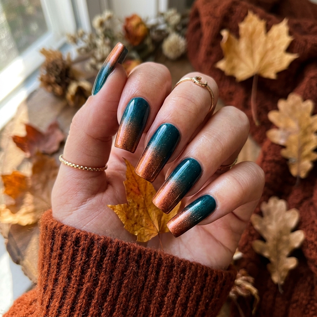 30 Fall Ombre Nails Ideas That Are Simply Stunning 20 Deep Teal and Copper Fall Ombre Nails