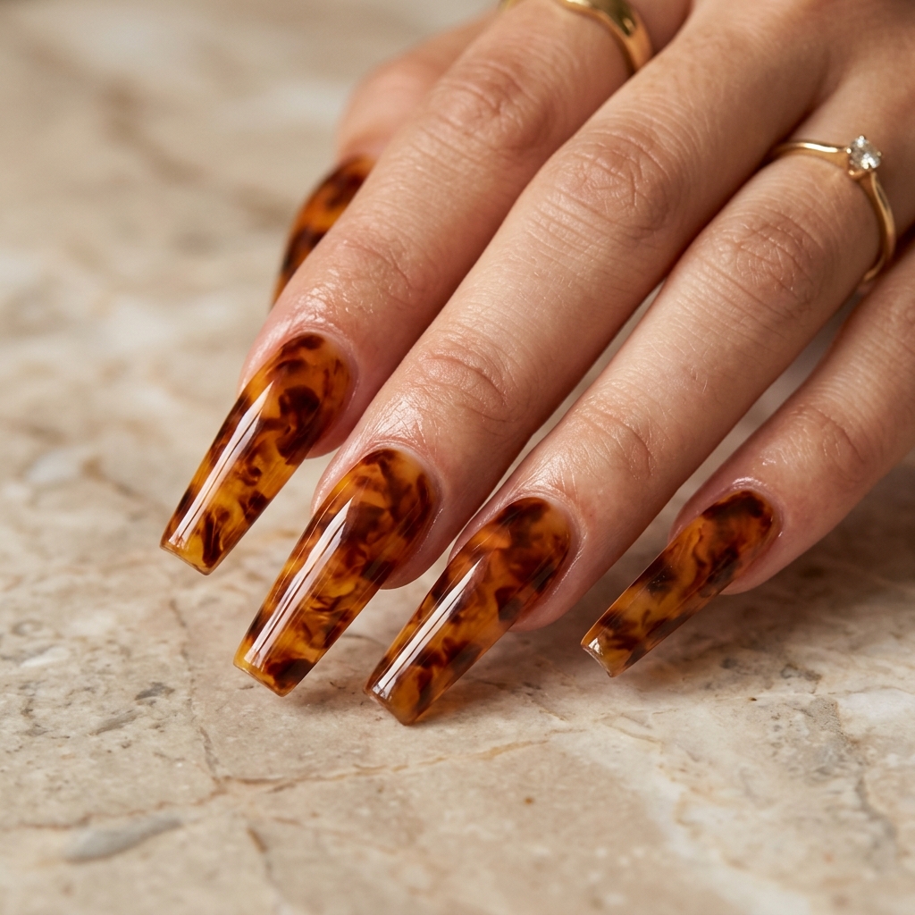 27 Beautiful Tortoise Shell Nails Ideas to Inspire Your Next Manicure 9 Tortoise shell coffin nails 202605181715