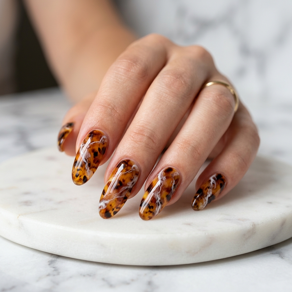 27 Beautiful Tortoise Shell Nails Ideas to Inspire Your Next Manicure 24 Tortoise shell marble fusion nails 202605181726