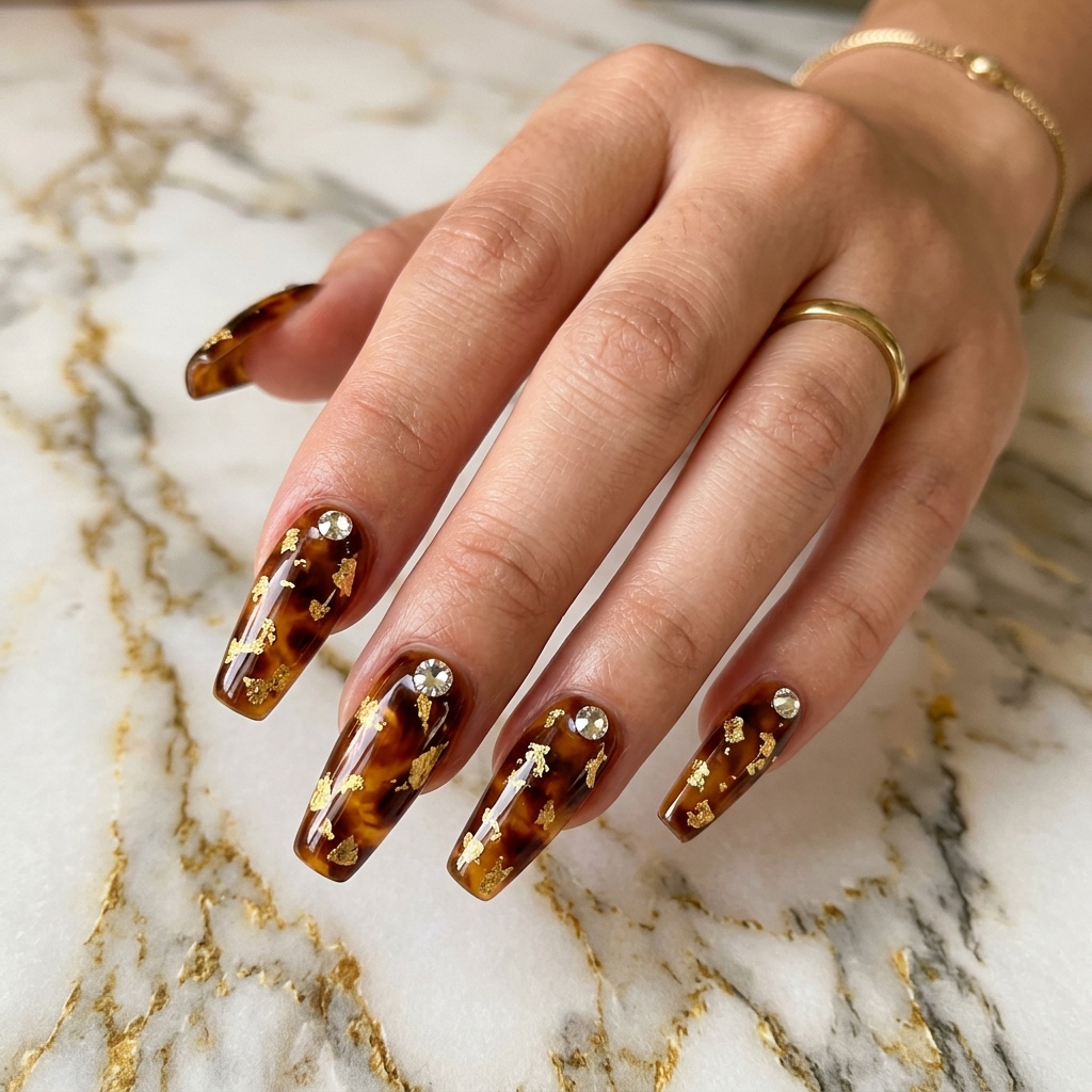 27 Beautiful Tortoise Shell Nails Ideas to Inspire Your Next Manicure 27 Tortoise shell nails with gold 202605181728