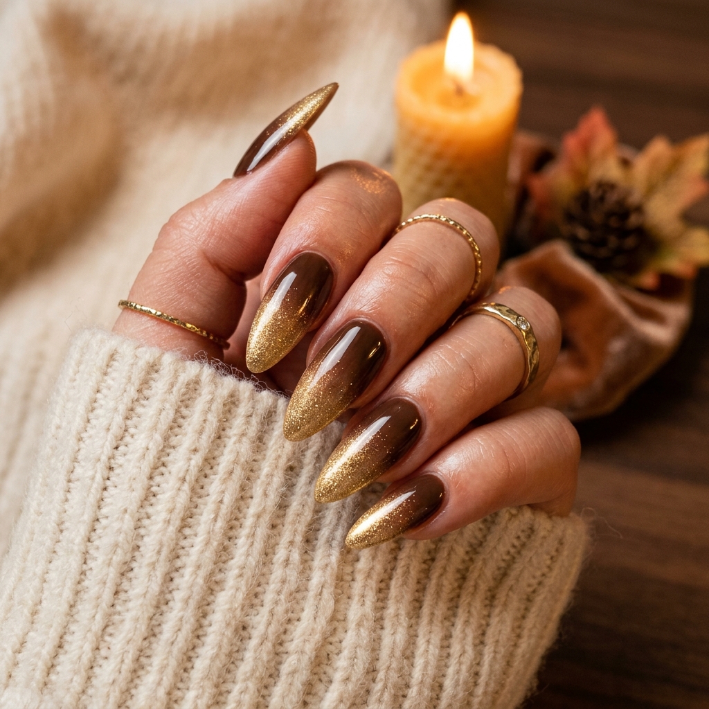 30 Fall Ombre Nails Ideas That Are Simply Stunning 27 Walnut and Shimmer Gold Fall Ombre Nails