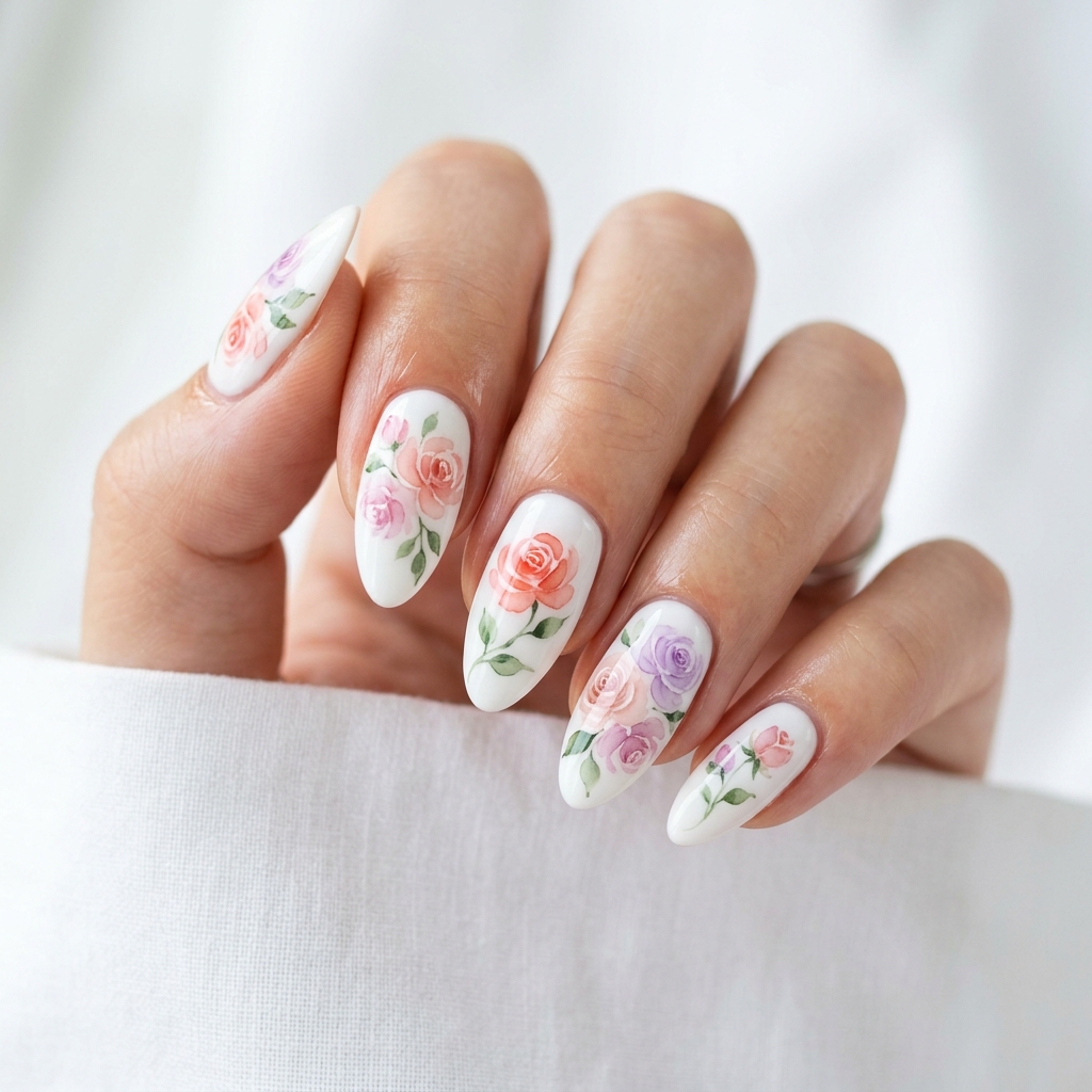 Spring Nail Designs: 27 Fresh and Beautiful Ideas for Your Next Manicure 11 Watercolor rose nail art 202605122006 1
