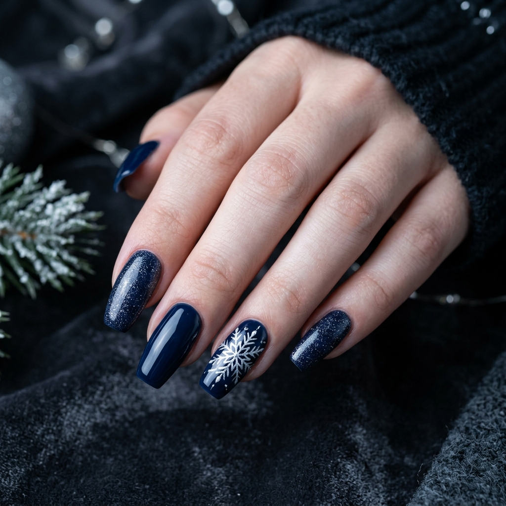 Home 6 Winter gel nails navy snowflake 202605062224