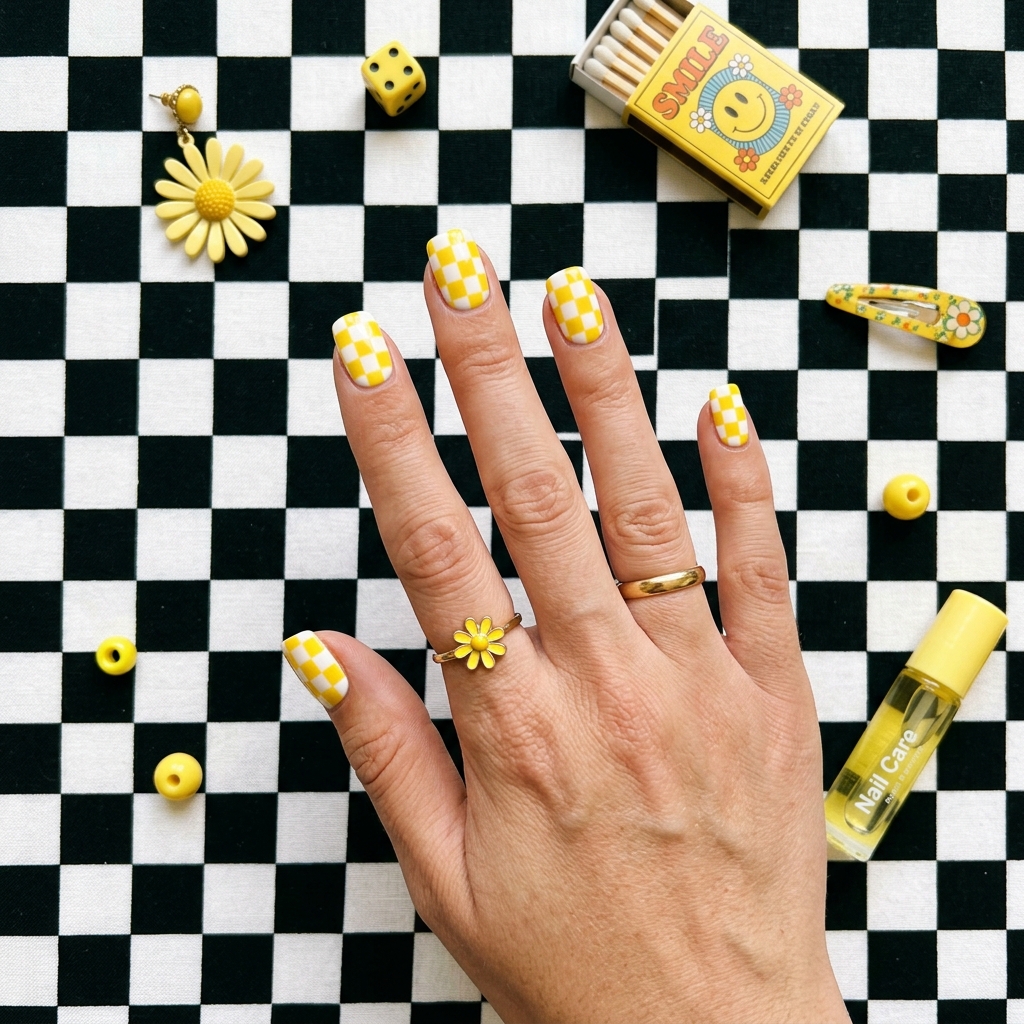 Checkerboard Yellow Nail Designs