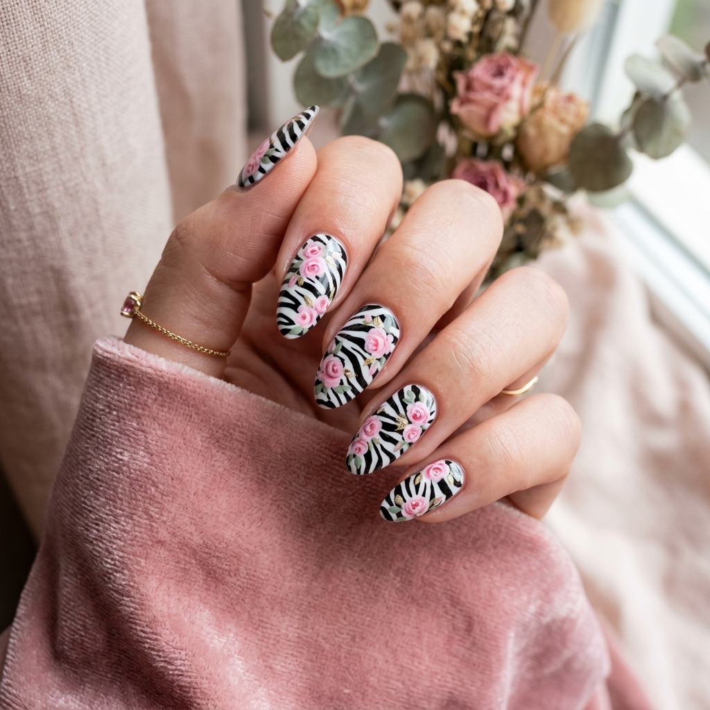 Zebra and Floral Nail Art Ideas