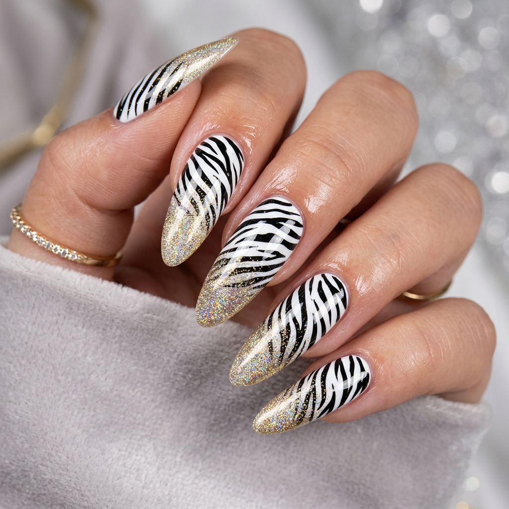 Zebra Nail Art with Glitter Ideas