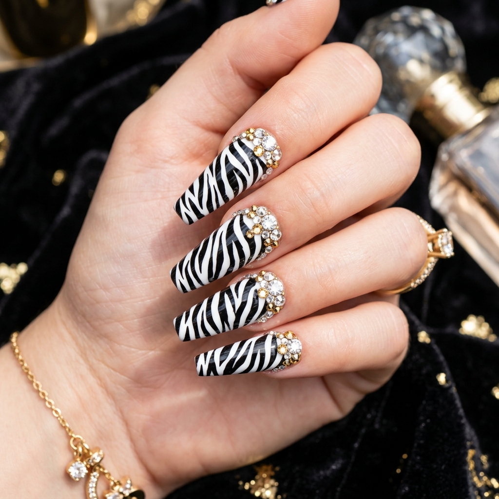 Zebra Nail Art with Rhinestones Ideas