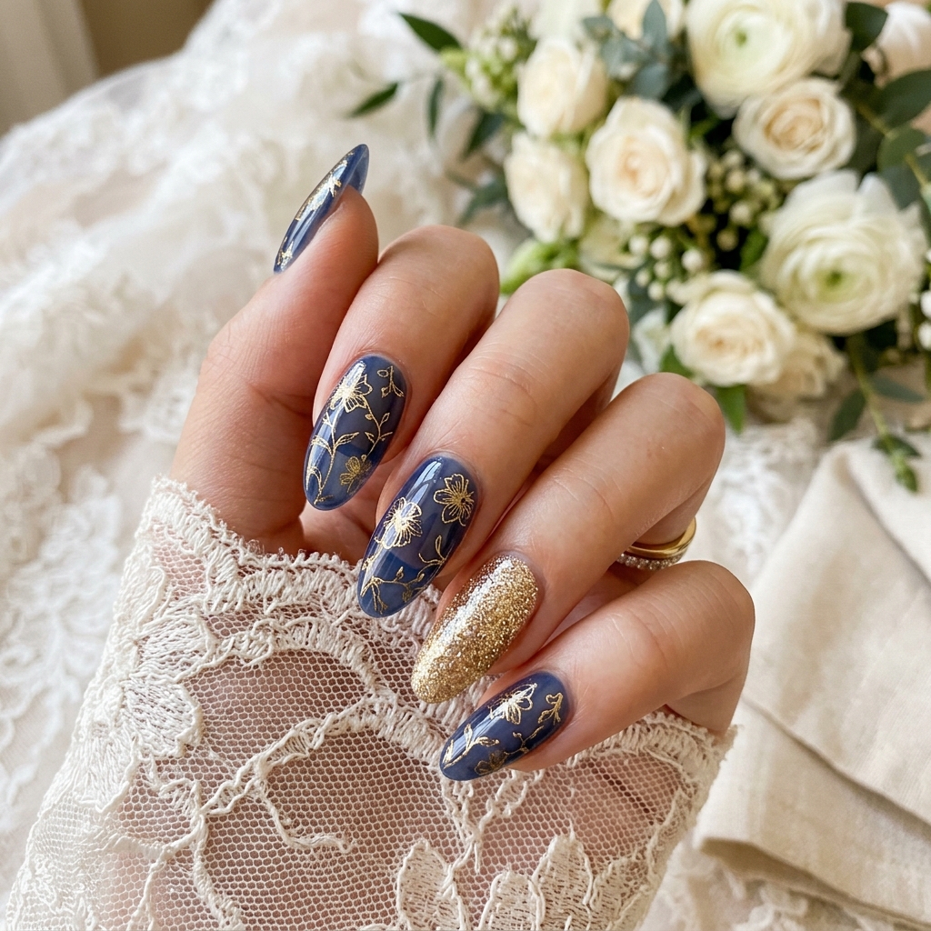 Navy Blue and Gold Nails: 30 Gorgeous Ideas to Elevate Your Manicure 19 18. Navy Blue and Gold 202606232338