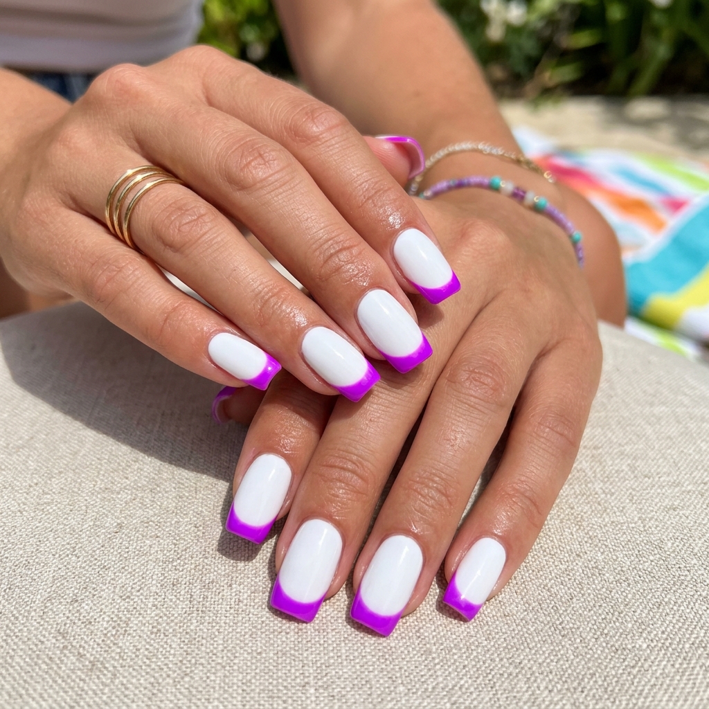 Purple French Tip Nails: 30 Stunning Ideas to Inspire Your Next Manicure 19 Neon Purple French Tip Nails Ideas