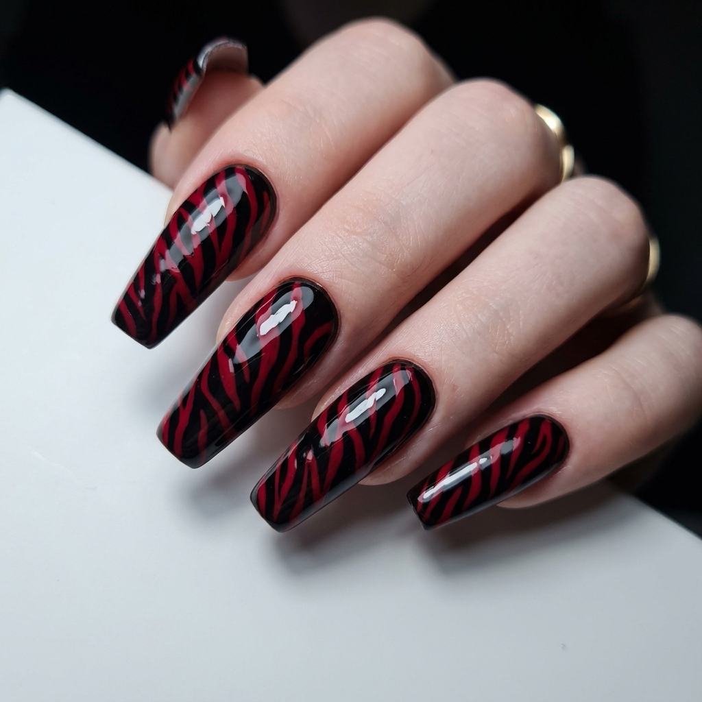 Red and Black Zebra Nail Art Ideas