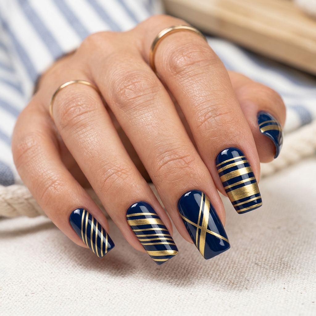 Navy Blue and Gold Nails: 30 Gorgeous Ideas to Elevate Your Manicure 22 21. Navy Blue and Gold 202606232350