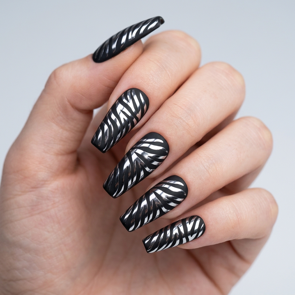 Zebra Nail Art with Chrome Finish Ideas