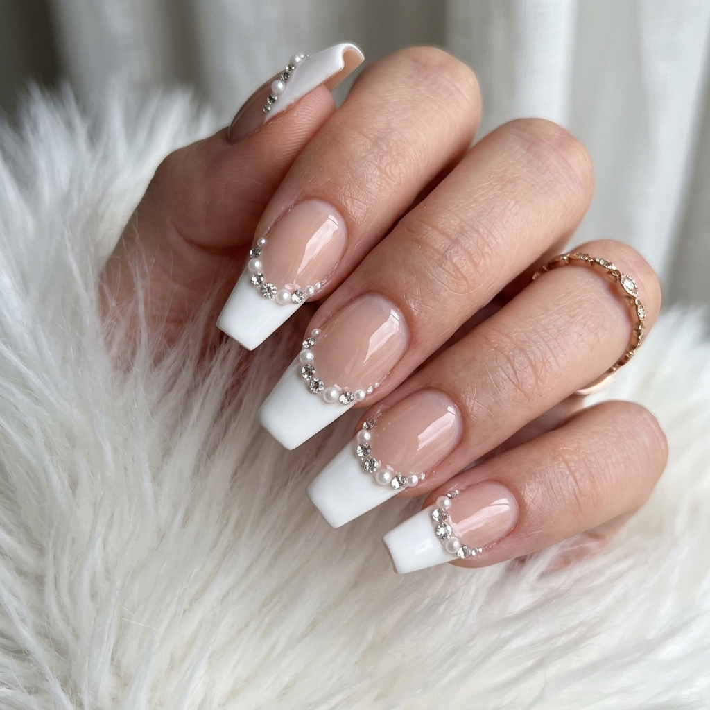 3D Embellished French Tip Coffin Nail Ideas