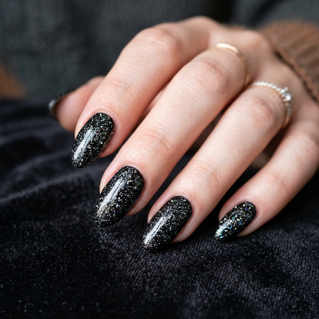 Black Sparkly Nails: 30 Creative Ideas to Inspire Your Next Manicure 7 Black Sparkly Almond Nails Ideas
