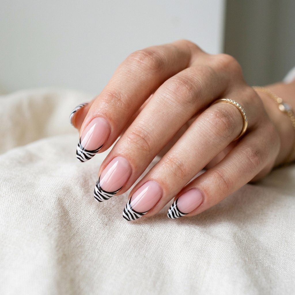 Almond Shaped Zebra French Tip Nails Ideas